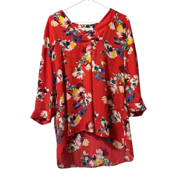Rose + Olive Red Floral Tunic‎ Top Blouse Size XL Long Sleeve Flowy High Lo Boho - Picture 1 of 11